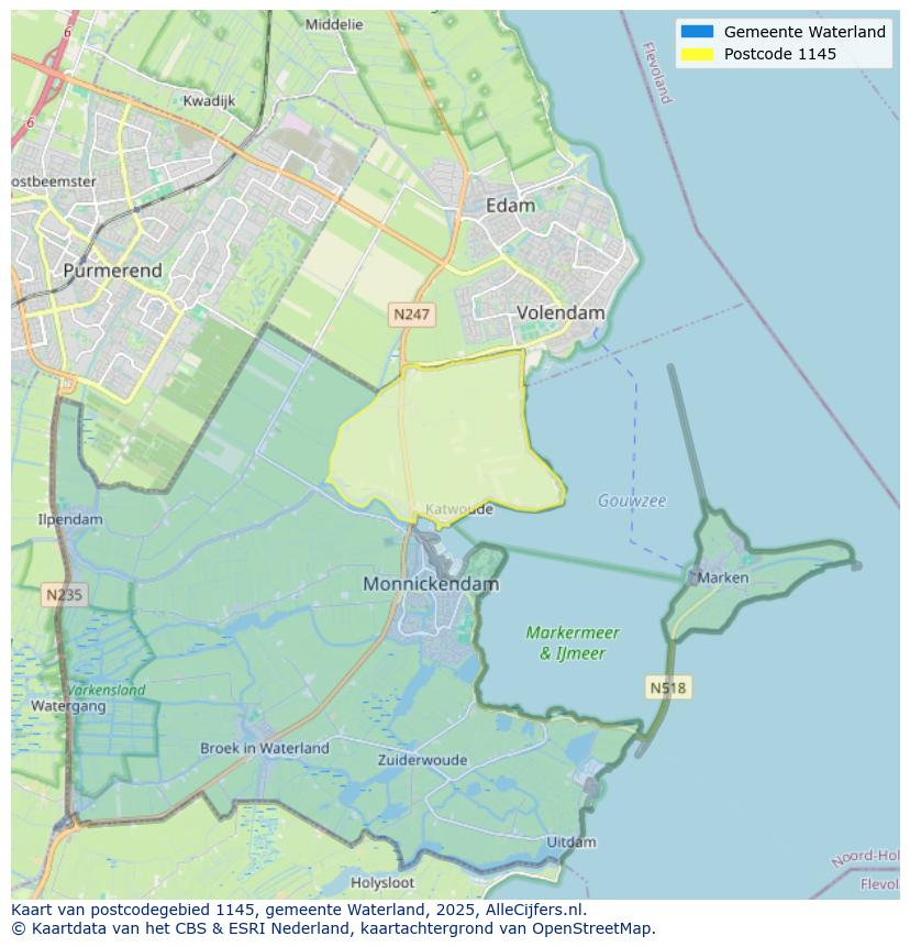 Afbeelding van het postcodegebied 1145 op de kaart.