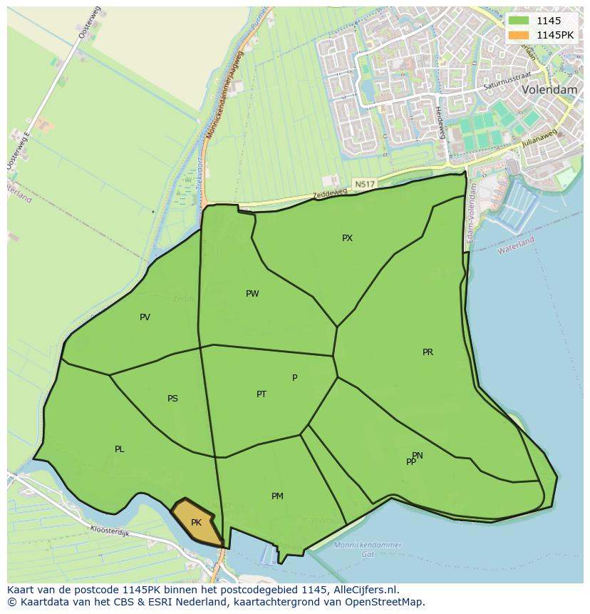 Afbeelding van het postcodegebied 1145 PK op de kaart.