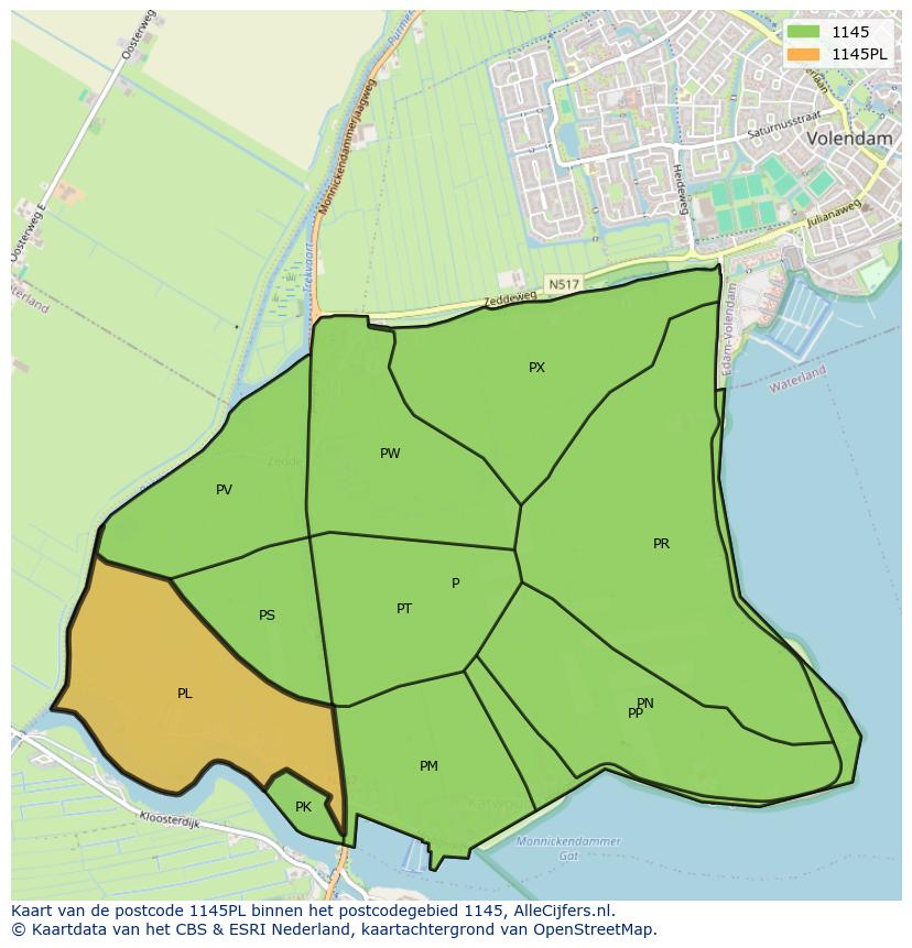 Afbeelding van het postcodegebied 1145 PL op de kaart.