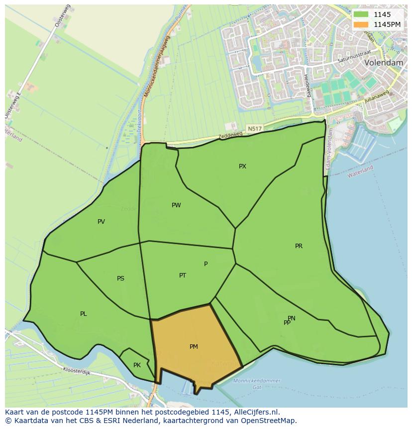 Afbeelding van het postcodegebied 1145 PM op de kaart.