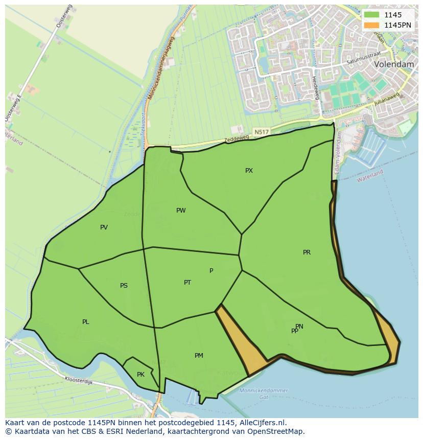 Afbeelding van het postcodegebied 1145 PN op de kaart.