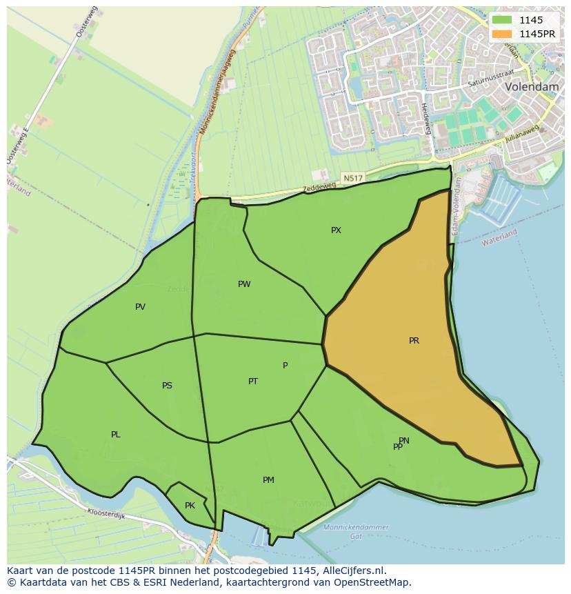 Afbeelding van het postcodegebied 1145 PR op de kaart.