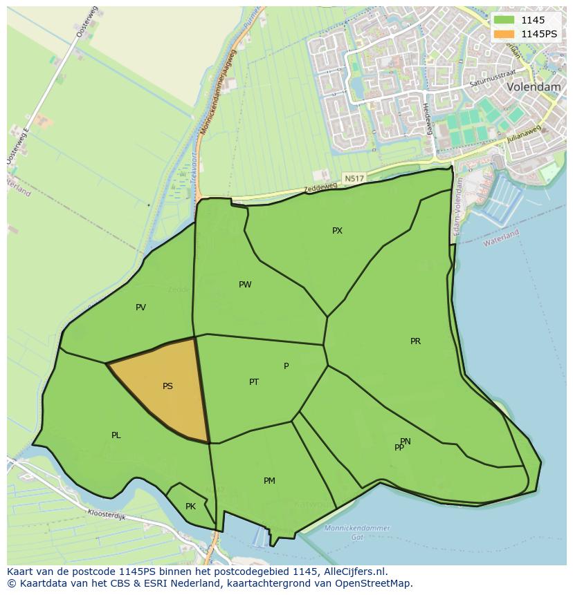 Afbeelding van het postcodegebied 1145 PS op de kaart.
