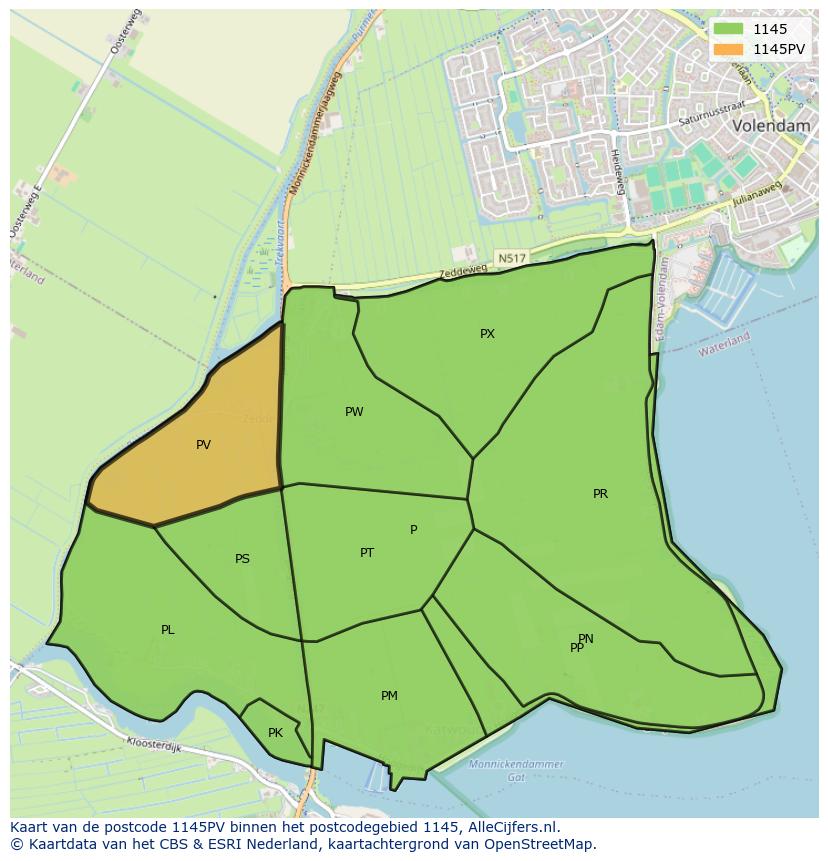 Afbeelding van het postcodegebied 1145 PV op de kaart.