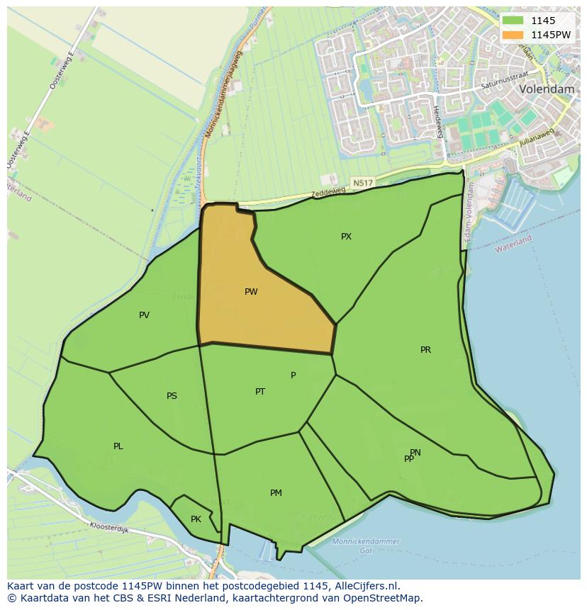 Afbeelding van het postcodegebied 1145 PW op de kaart.