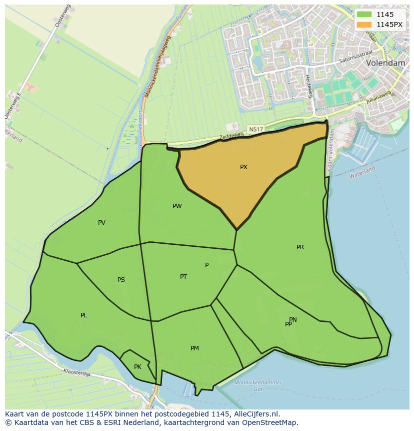 Afbeelding van het postcodegebied 1145 PX op de kaart.