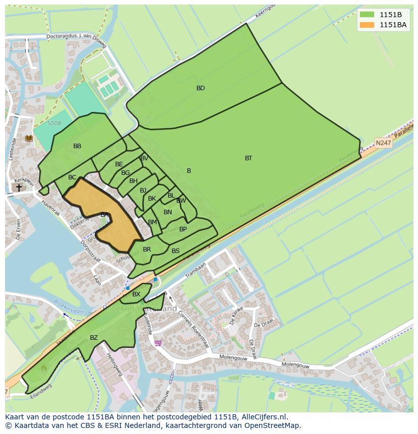Afbeelding van het postcodegebied 1151 BA op de kaart.