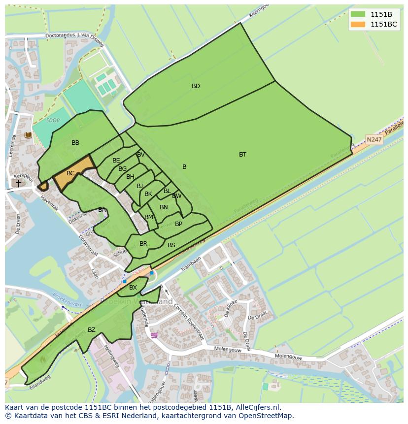 Afbeelding van het postcodegebied 1151 BC op de kaart.