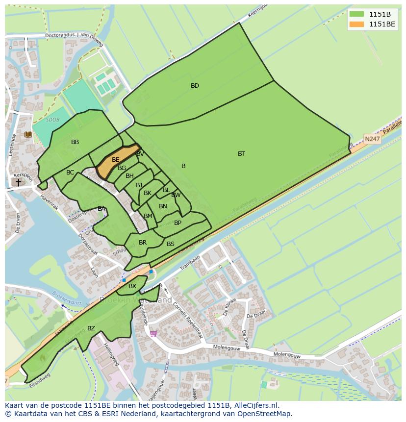 Afbeelding van het postcodegebied 1151 BE op de kaart.