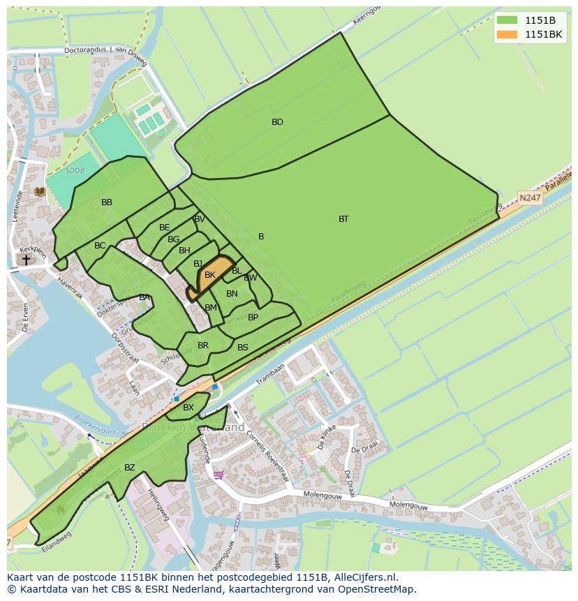 Afbeelding van het postcodegebied 1151 BK op de kaart.