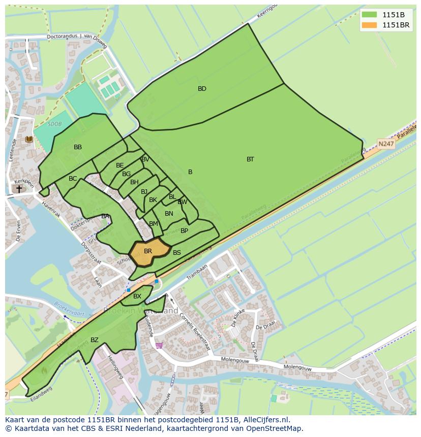 Afbeelding van het postcodegebied 1151 BR op de kaart.