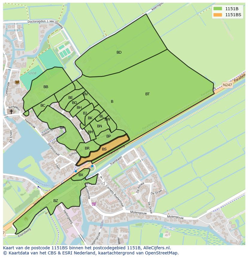 Afbeelding van het postcodegebied 1151 BS op de kaart.