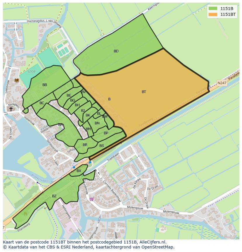 Afbeelding van het postcodegebied 1151 BT op de kaart.