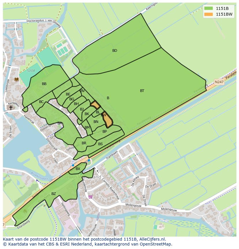 Afbeelding van het postcodegebied 1151 BW op de kaart.