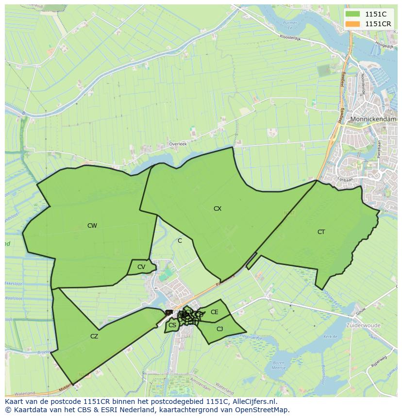Afbeelding van het postcodegebied 1151 CR op de kaart.
