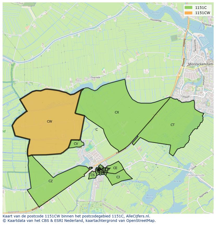 Afbeelding van het postcodegebied 1151 CW op de kaart.