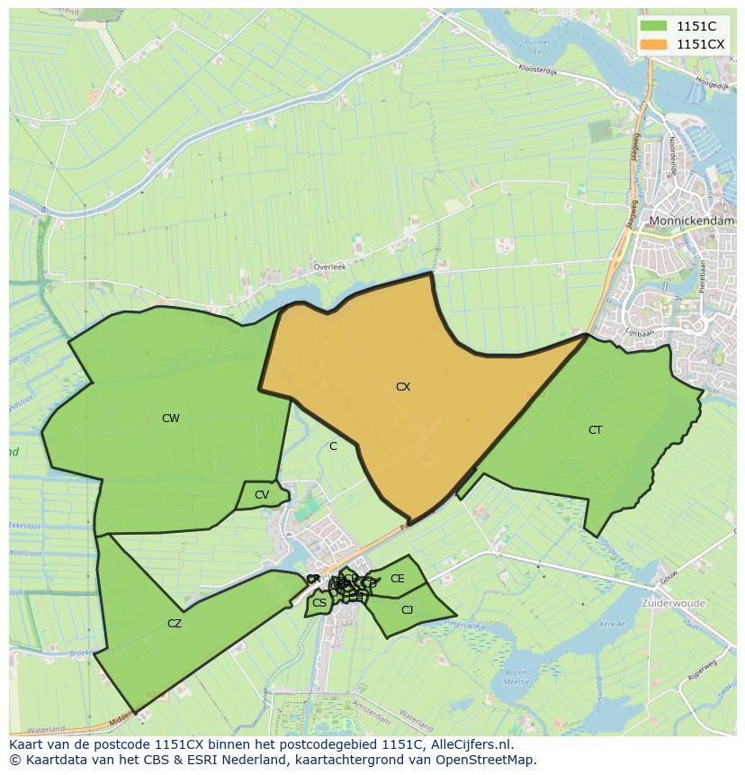 Afbeelding van het postcodegebied 1151 CX op de kaart.