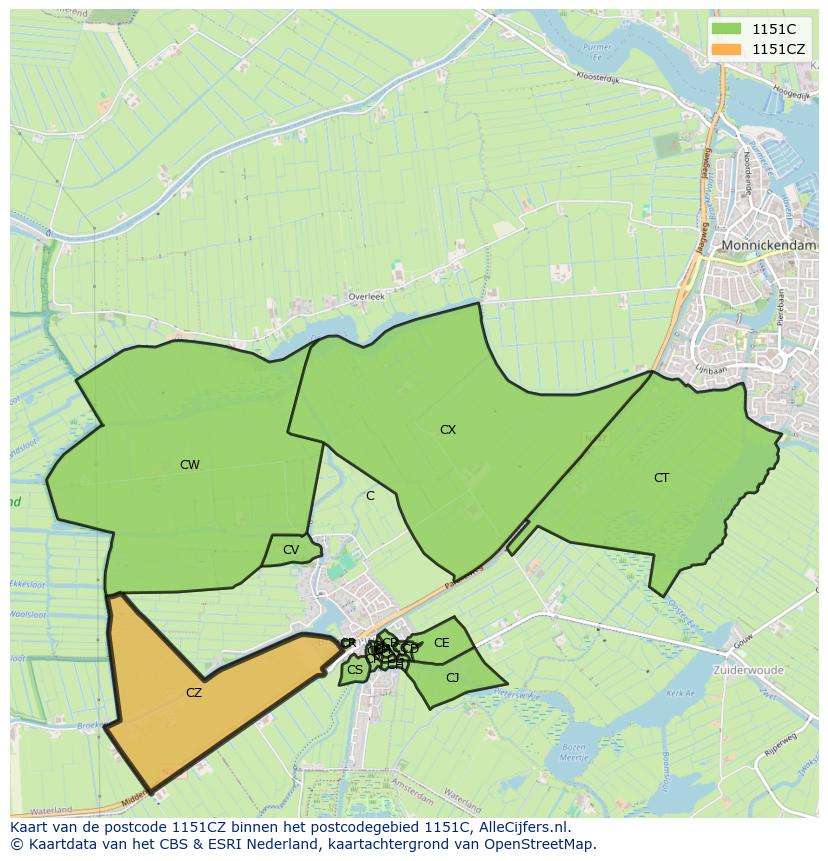 Afbeelding van het postcodegebied 1151 CZ op de kaart.