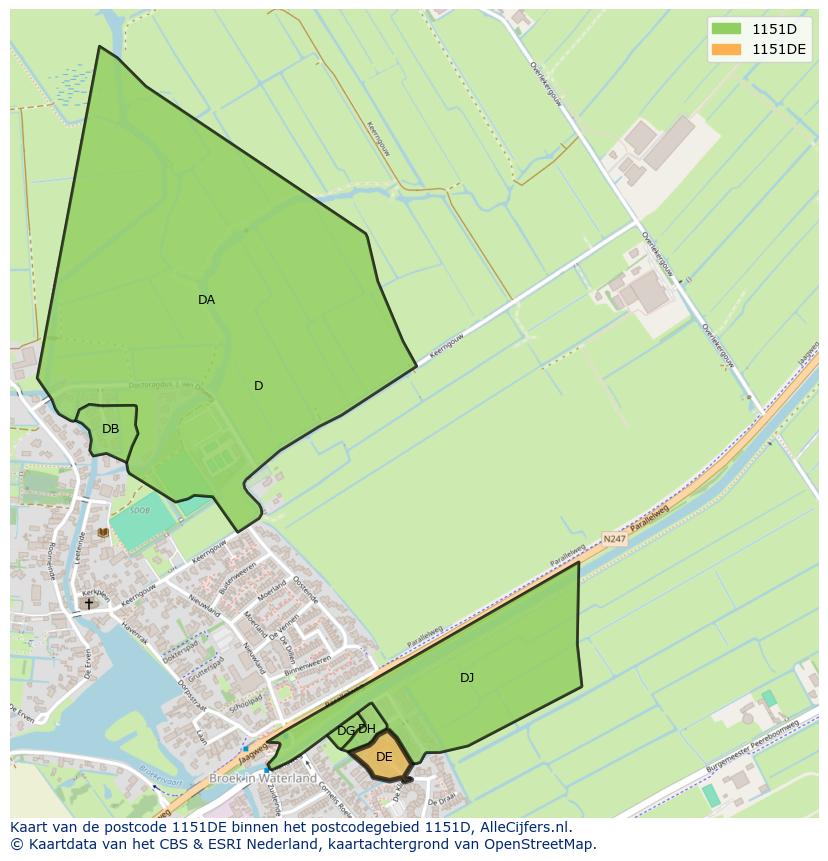 Afbeelding van het postcodegebied 1151 DE op de kaart.