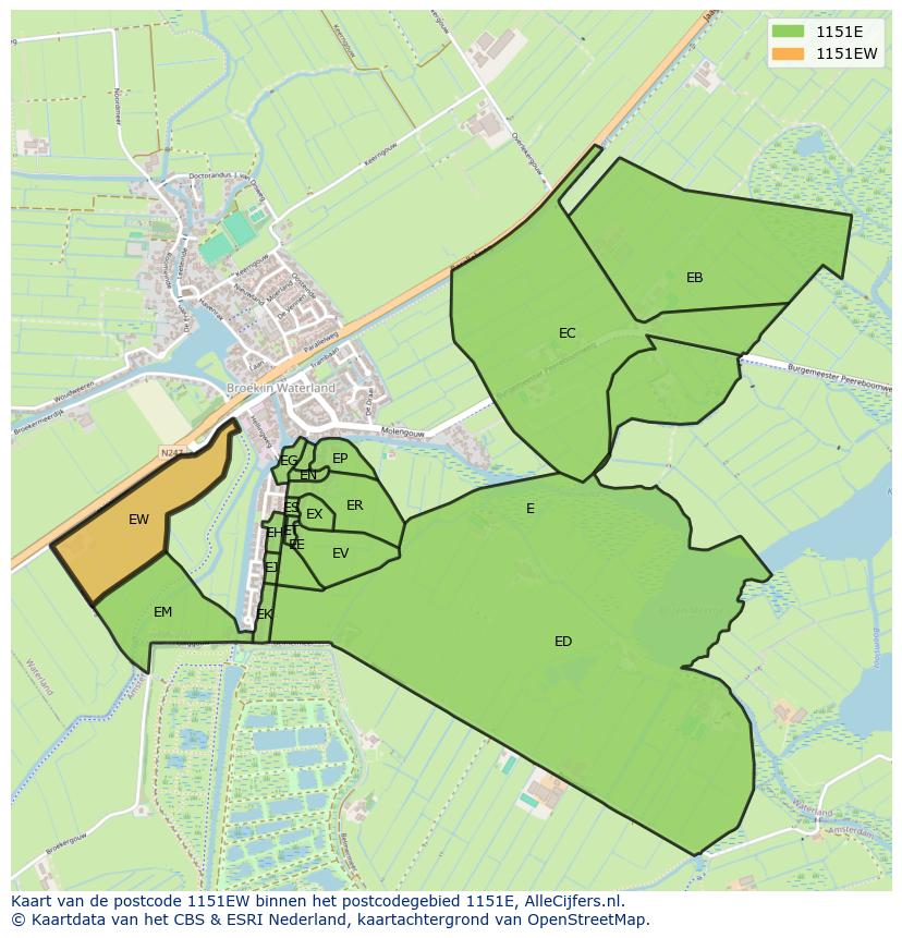 Afbeelding van het postcodegebied 1151 EW op de kaart.