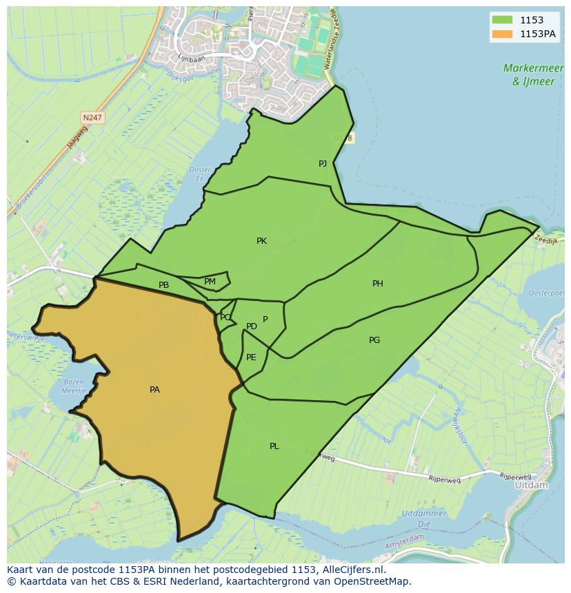 Afbeelding van het postcodegebied 1153 PA op de kaart.
