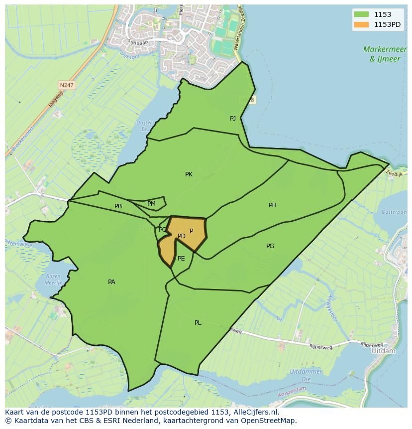 Afbeelding van het postcodegebied 1153 PD op de kaart.