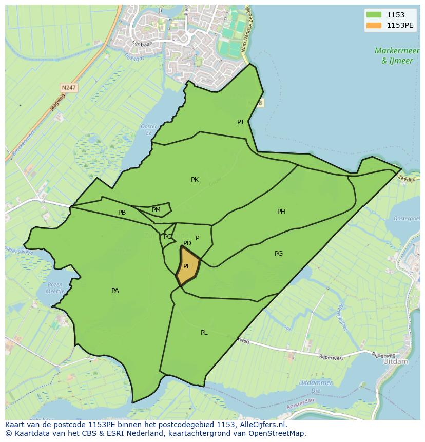 Afbeelding van het postcodegebied 1153 PE op de kaart.