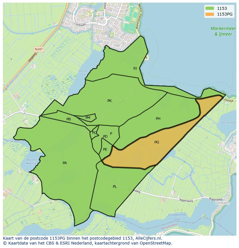 Afbeelding van het postcodegebied 1153 PG op de kaart.
