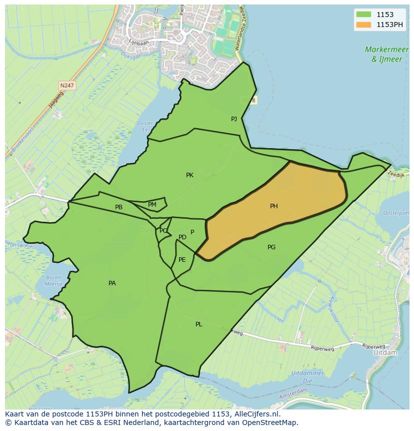 Afbeelding van het postcodegebied 1153 PH op de kaart.