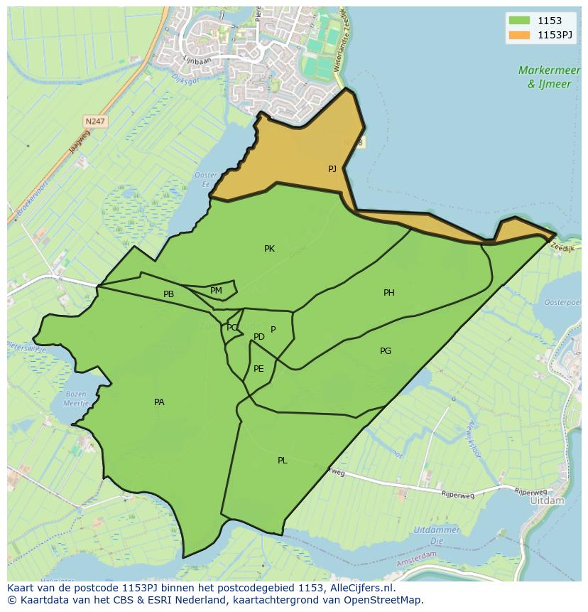 Afbeelding van het postcodegebied 1153 PJ op de kaart.