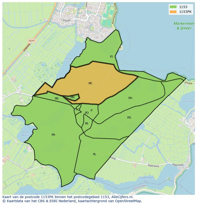 Afbeelding van het postcodegebied 1153 PK op de kaart.