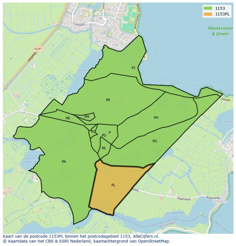 Afbeelding van het postcodegebied 1153 PL op de kaart.