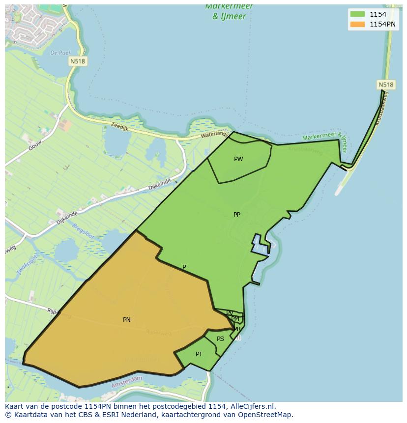Afbeelding van het postcodegebied 1154 PN op de kaart.