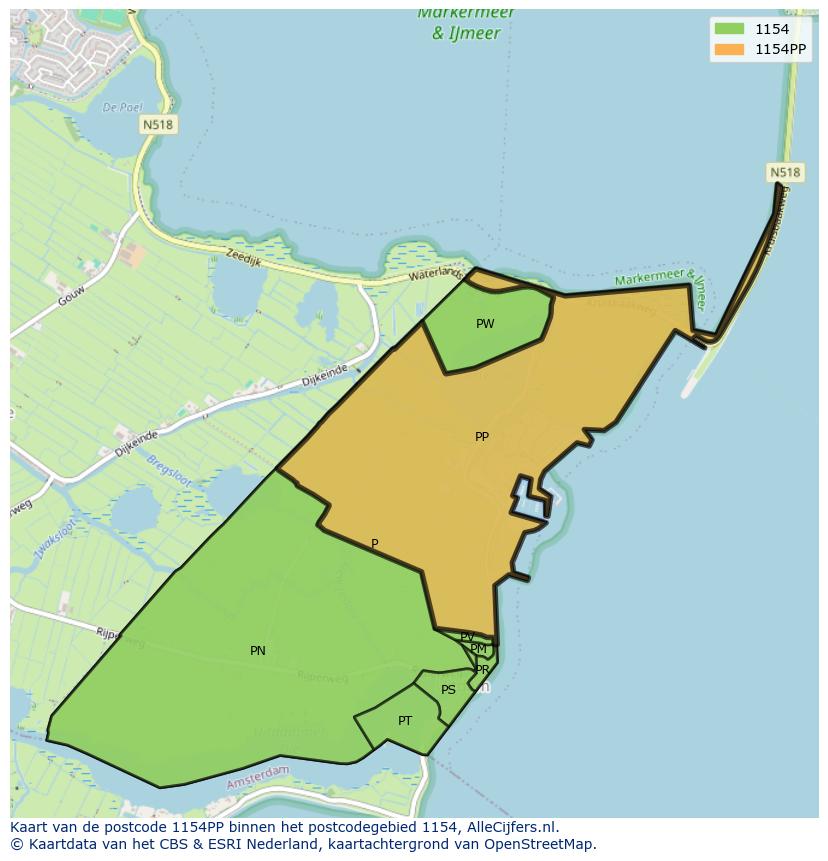 Afbeelding van het postcodegebied 1154 PP op de kaart.