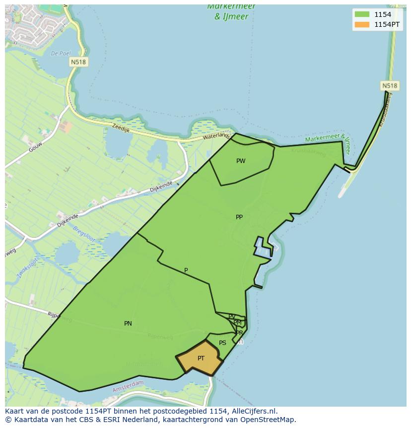 Afbeelding van het postcodegebied 1154 PT op de kaart.