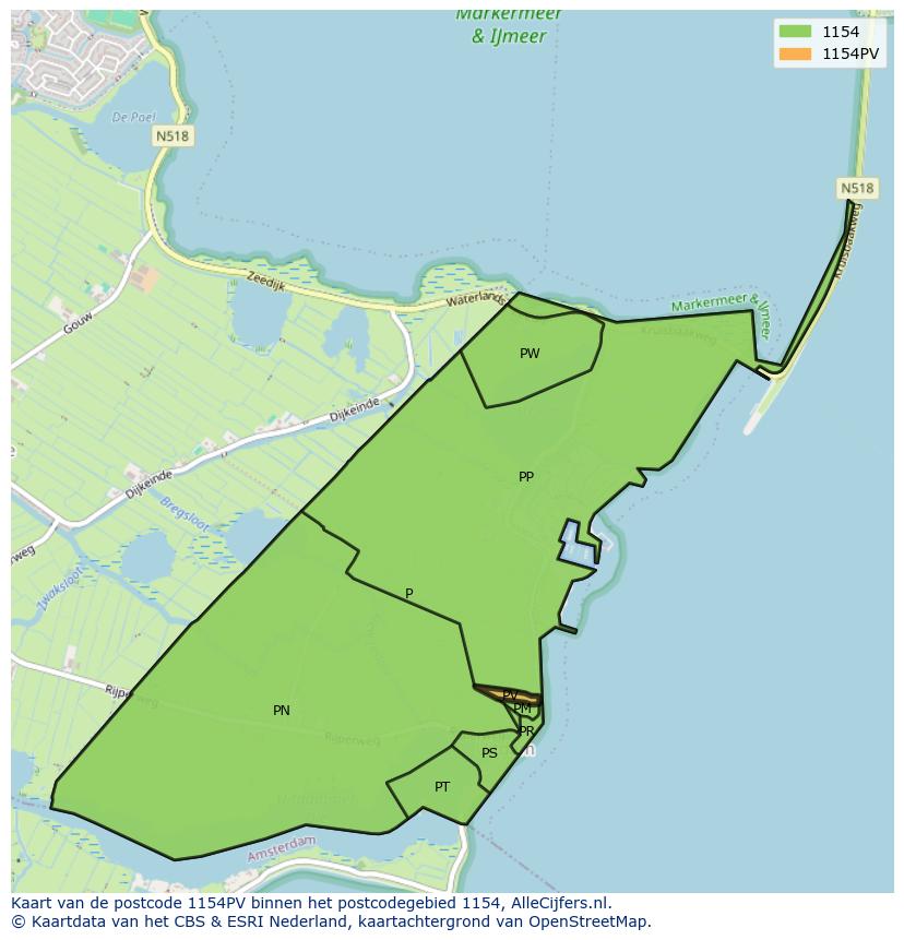 Afbeelding van het postcodegebied 1154 PV op de kaart.