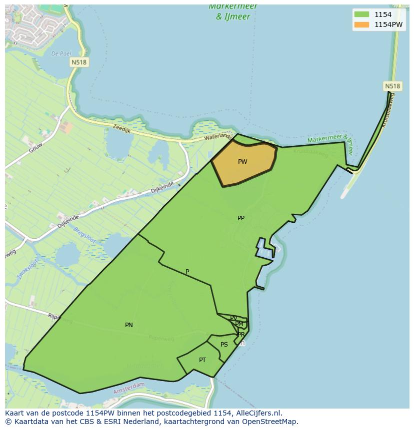 Afbeelding van het postcodegebied 1154 PW op de kaart.