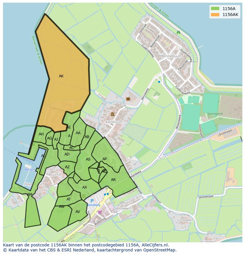 Afbeelding van het postcodegebied 1156 AK op de kaart.