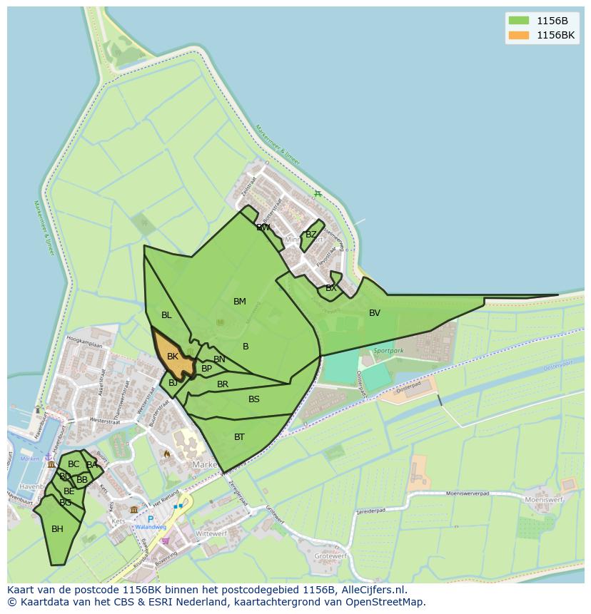 Afbeelding van het postcodegebied 1156 BK op de kaart.
