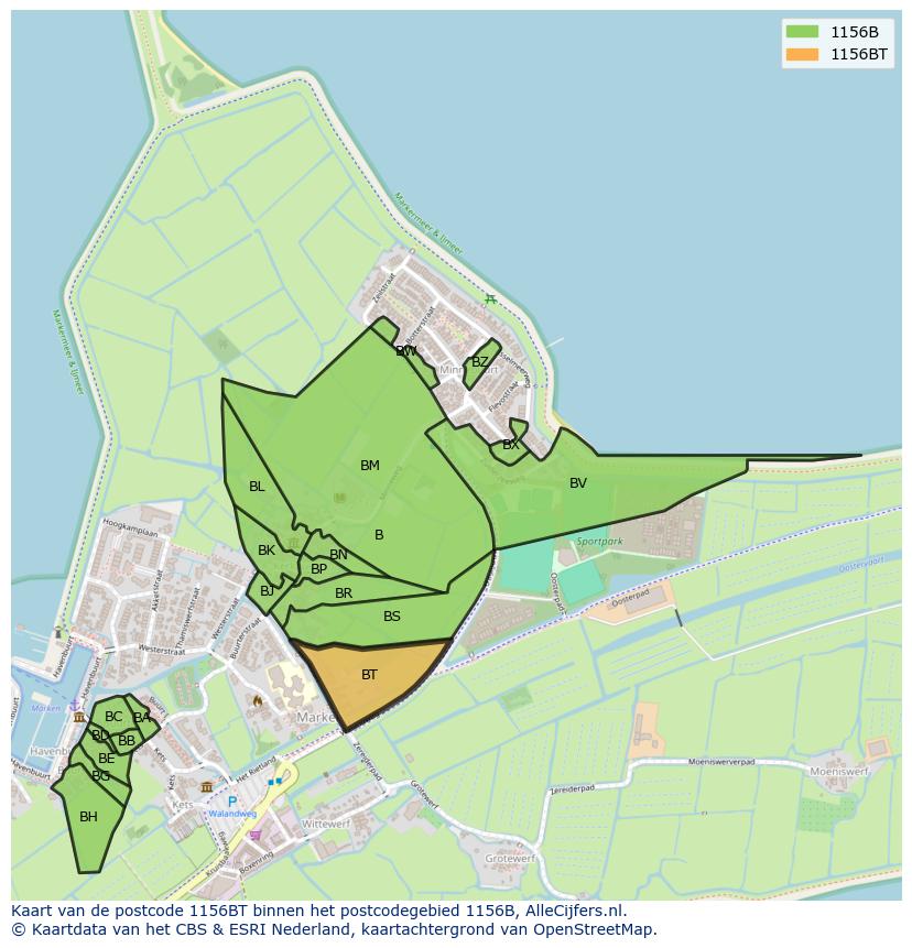 Afbeelding van het postcodegebied 1156 BT op de kaart.