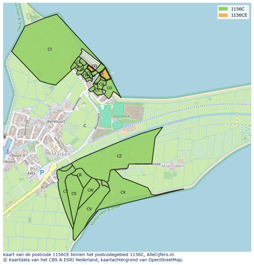Afbeelding van het postcodegebied 1156 CE op de kaart.
