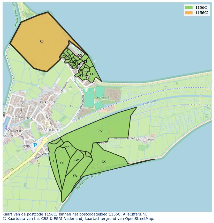 Afbeelding van het postcodegebied 1156 CJ op de kaart.