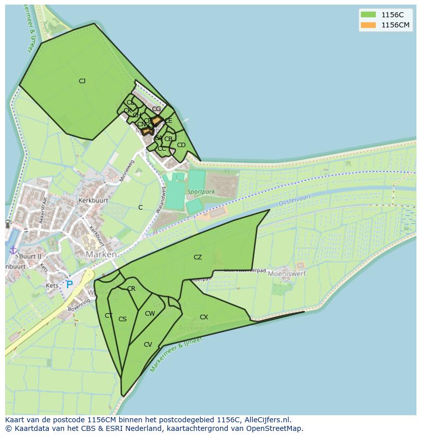 Afbeelding van het postcodegebied 1156 CM op de kaart.