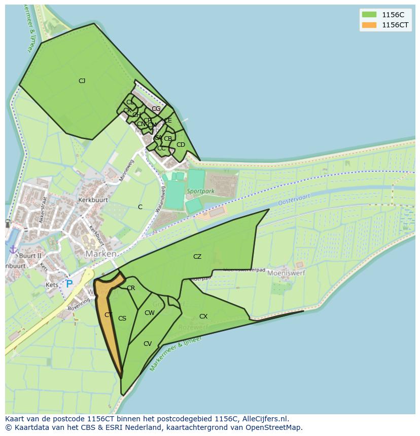Afbeelding van het postcodegebied 1156 CT op de kaart.