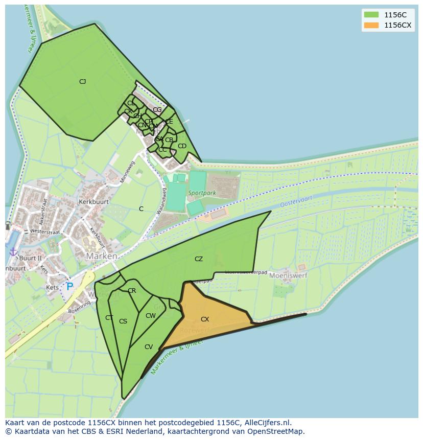 Afbeelding van het postcodegebied 1156 CX op de kaart.