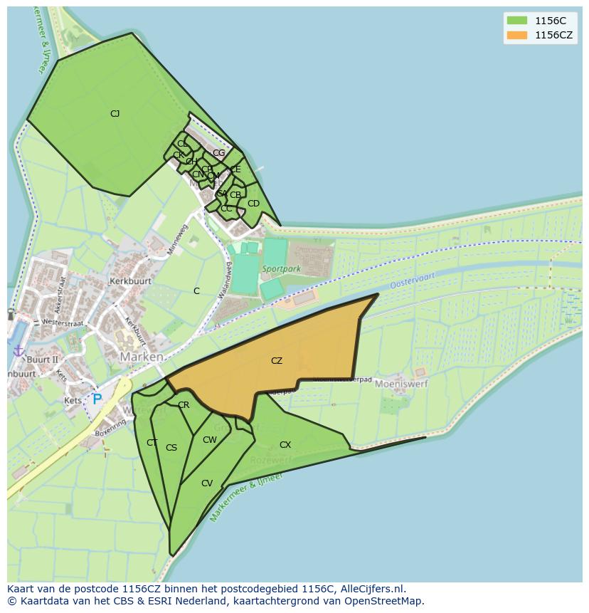 Afbeelding van het postcodegebied 1156 CZ op de kaart.