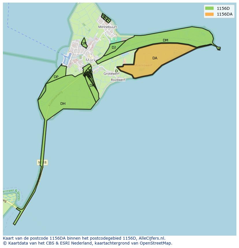 Afbeelding van het postcodegebied 1156 DA op de kaart.