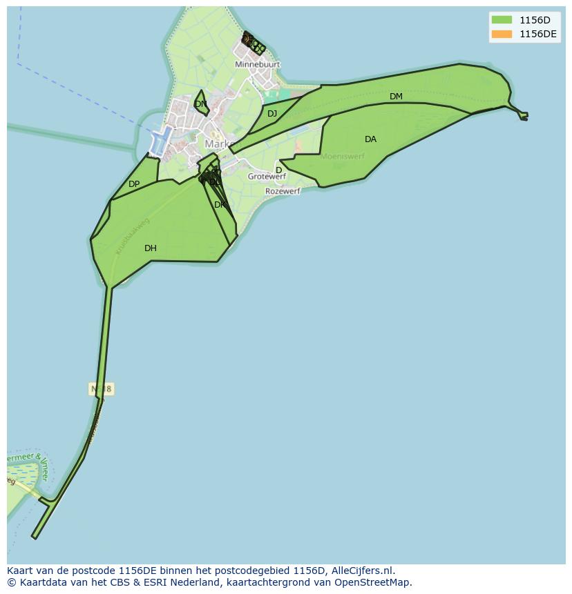 Afbeelding van het postcodegebied 1156 DE op de kaart.