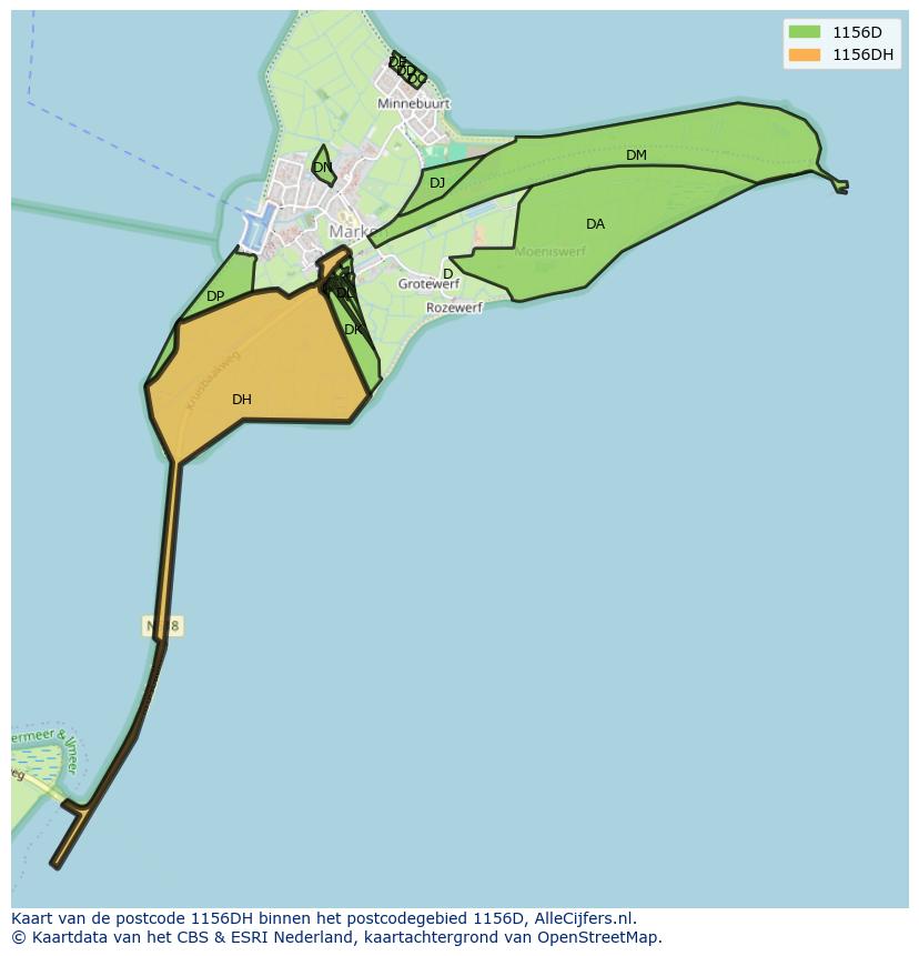 Afbeelding van het postcodegebied 1156 DH op de kaart.