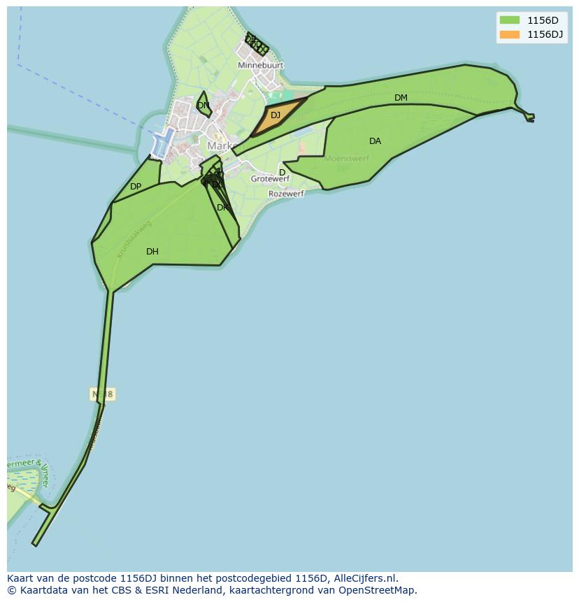 Afbeelding van het postcodegebied 1156 DJ op de kaart.
